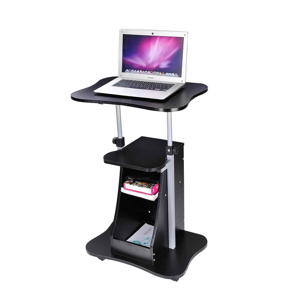 Black Adjustable Height Steel Laptop Cart with Storage
