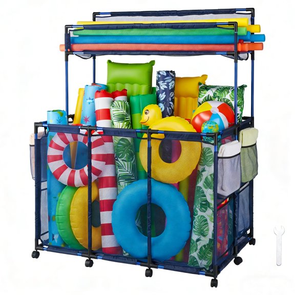 Yescom Metal Frame 10 Wheels Rolling Mesh Pool Storage Bin XL Double Decker with Noodle Holder, Blue
