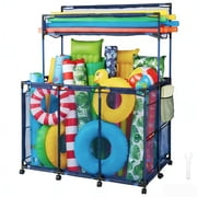 Yescom Metal Frame 10 Wheels Rolling Mesh Pool Storage Bin XL Double Decker with Noodle Holder, Blue