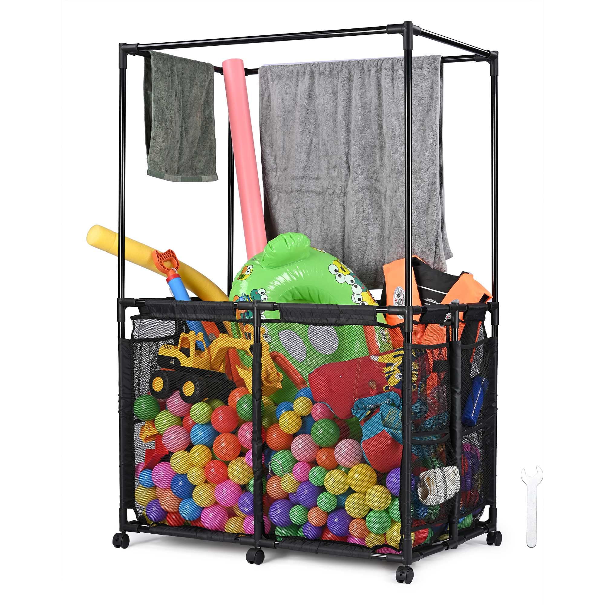Black Metal Frame Rolling Mesh Pool Storage Bin with Towel Bar