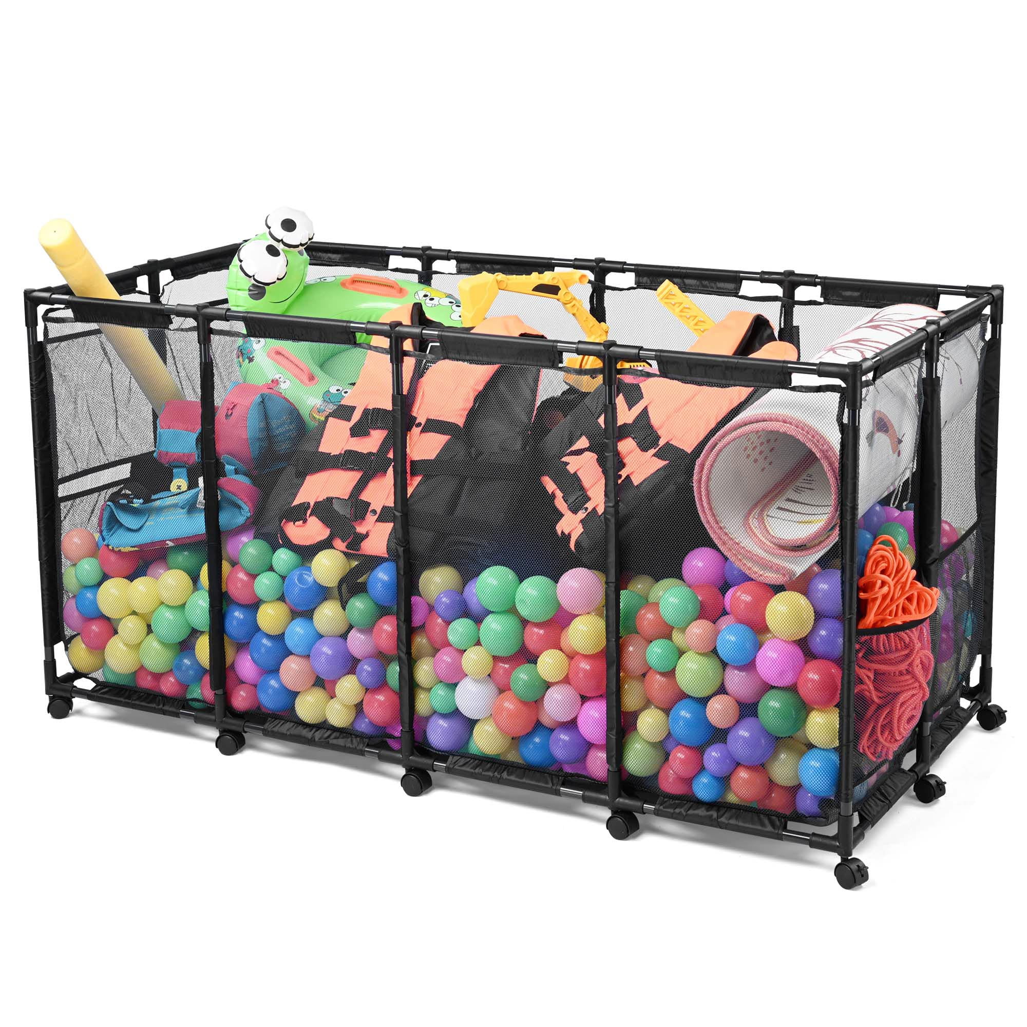 Extra Large Black Metal Frame Rolling Mesh Pool Storage Bin with 12 Wheels