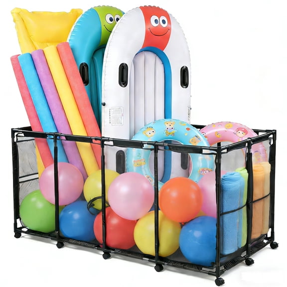 Yescom Pool Float Storage Mesh Rolling Toys Organizer Metal 12 Wheels XXX-Large 65"x30"x33" Black