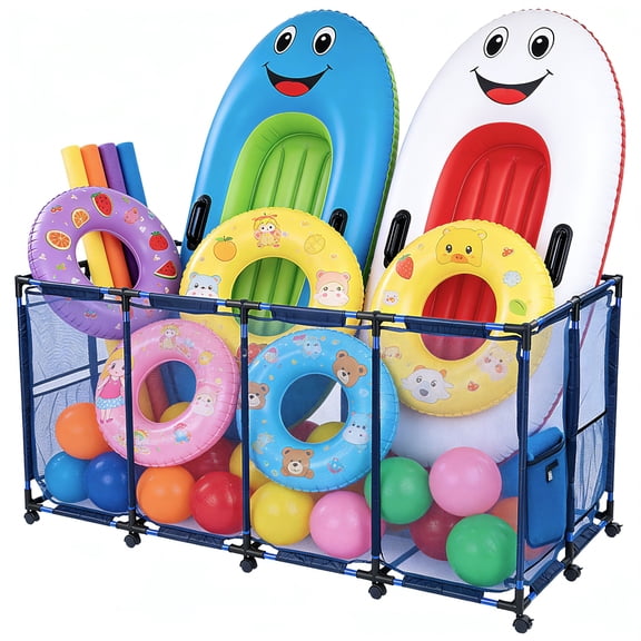 Yescom Pool Float Storage Mesh Rolling Toys Organizer Metal 12 Wheels XXX-Large 65"x30"x33" Blue