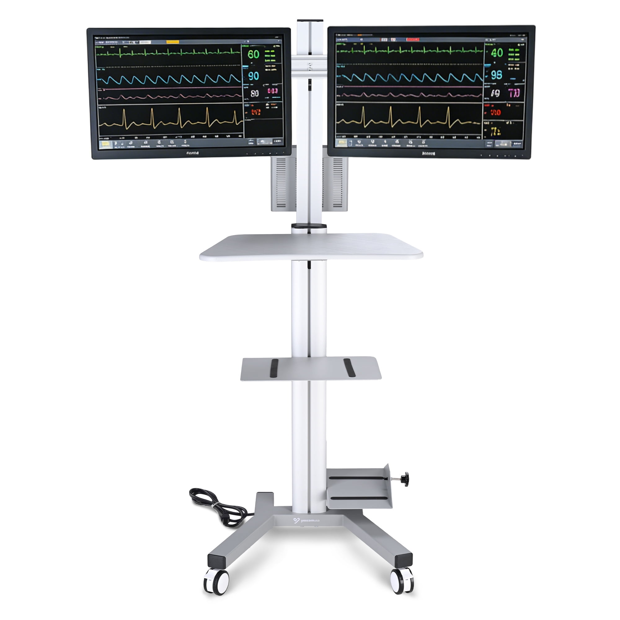 Yescom NexusX Commander Max Mobile PC Stand Workstation with Dual Monitor Mount for 32" Screen ANSI/BIFMA X5.5-2021 Certificated Silver