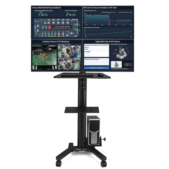Yescom NexusX Commander Rolling Computer Cart 4-Monitors Industrial Heavy-Duty Mobile Workstation for Production Line Monitoring MES/HMI Control Shop Floor Inspections Black
