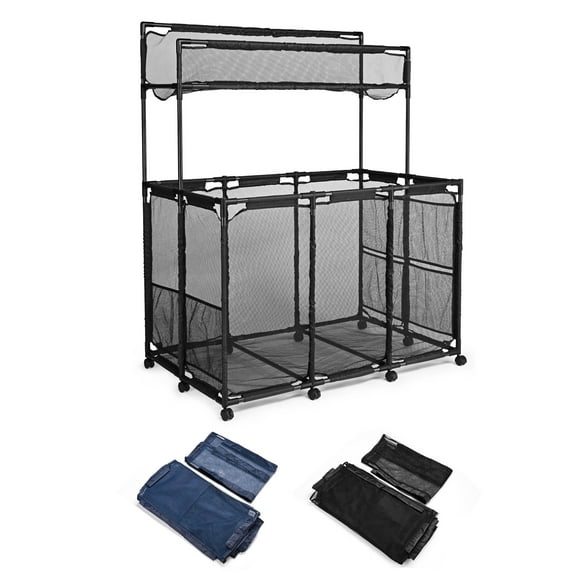 Yescom Rolling Mesh Pool Storage Bin Floats Toys Organzier Metal Frame 10 Wheels Double Decker with Blue Mesh Replacement Net Combo