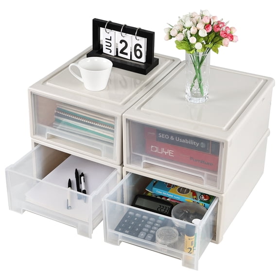 Yesdate 18 Qt. Plastic Desktop Organizer with Clear Drawers, 4-Pack, Stacking Drawers Unit for Closet, Office, Bathroom