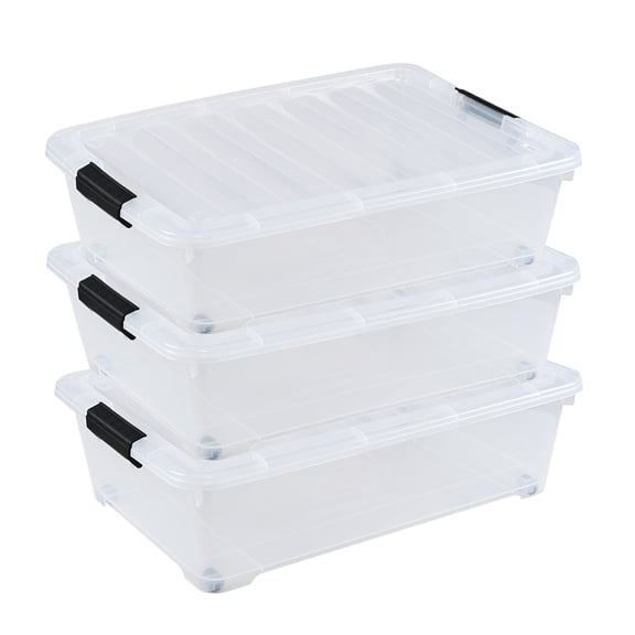 Yesdate 3-Pack 20 Quart Plastic Wheeled Latching Storage Boxes, Stackable Underbed Organizer Bins with Lid, Clear