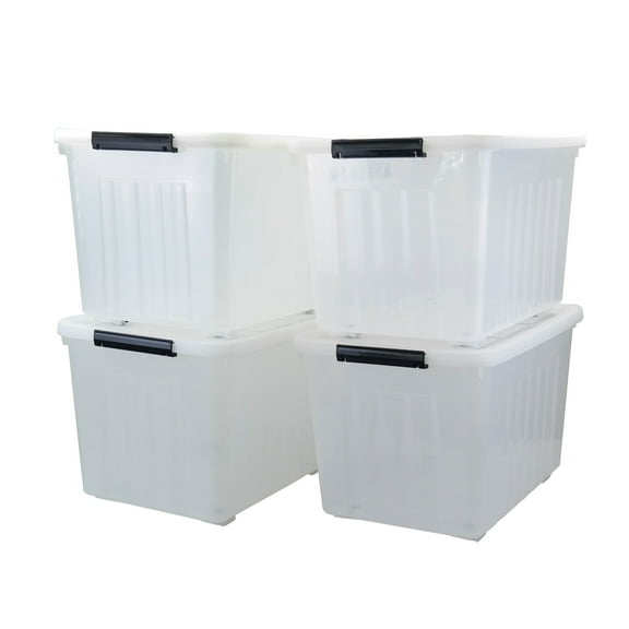 Yesdate 4-Pack Clear Large Plastic Storage Box with Wheels, 70 L Latching Storage Box