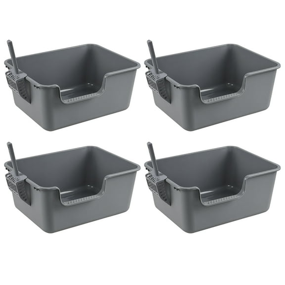 Yesdate 4-Pack Plastic Open Top Kitty Litter Box, Cat Litter Box with High Sides, Including 4 Scoops, Grey
