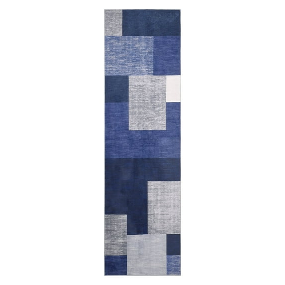 Yesfashion 2'3" x 8' Kitchen Runner Rug Contemporary Geometric Rug Low Pile Non Slip Soft Velvet Rug Indoor Carpet for Hallway, Navy Blue