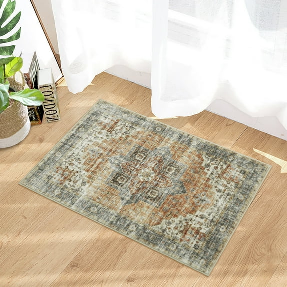 Yesfashion 2' x 3' Persian Rug for Entryway Print Distressed Doormat Vintage Area Rug Machine Washable Foldable Accent Rug, Brown