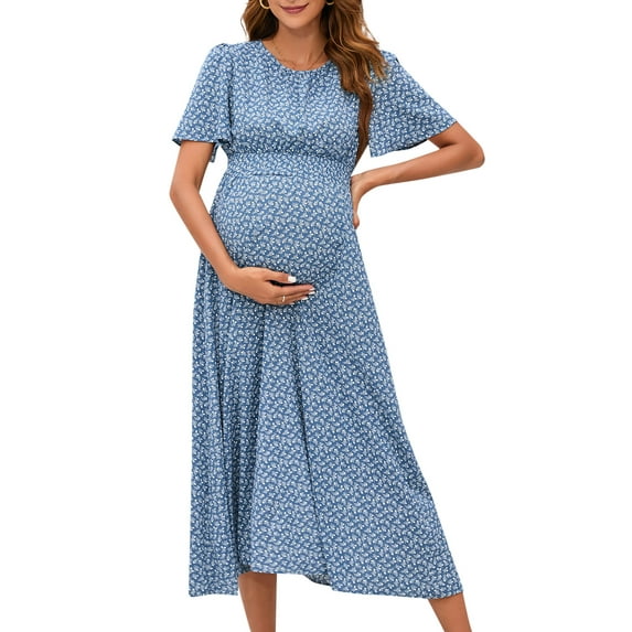 Yesfashion 2025 Maternity Dress Summer Women Smocked Crew Neck Puff Sleeve Pregnancy Baby Shower Photoshoot Dress