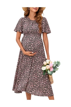 2025 Maternity Dress Summer Women Smocked Crew Neck Puff Sleeve Pregnancy Baby Shower Photoshoot Dress