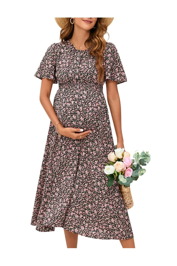 2025 Maternity Dress Summer Women Smocked Crew Neck Puff Sleeve Pregnancy Baby Shower Photoshoot Dress