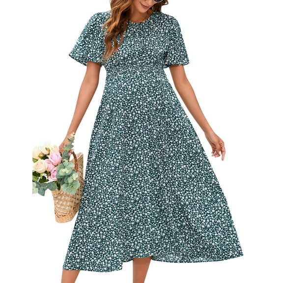 Yesfashion 2025 Maternity Dress Summer Women Smocked Crew Neck Puff Sleeve Pregnancy Baby Shower Photoshoot Dress
