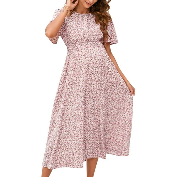 Yesfashion 2025 Maternity Dress Summer Women Smocked Crew Neck Puff Sleeve Pregnancy Baby Shower Photoshoot Dress
