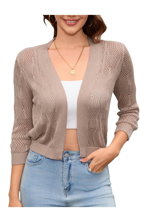 2025 Women's Summer 3/4 Sleeve Crochet Knit Open Front Cardigan Cropped Shrug Bolero Lightweight Sweaters Tops