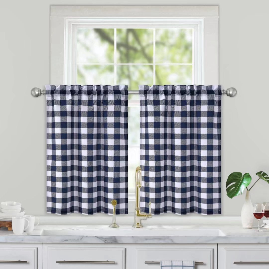 Yesfashion 28"W x 24"L Navy Blue Kitchen Curtains Farmhouse Buffalo ...
