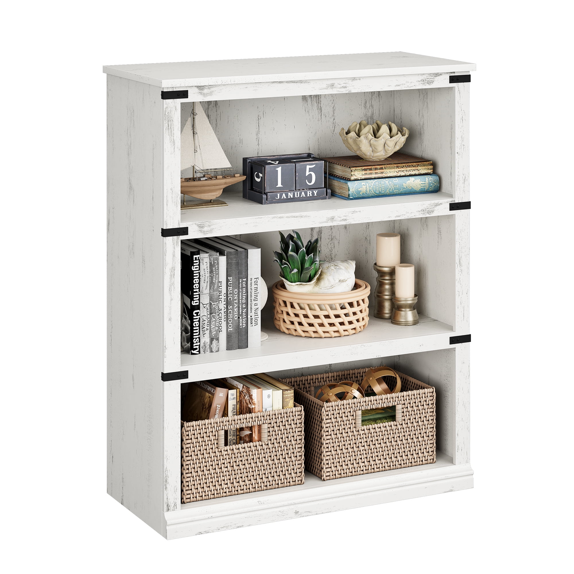 Antique White 40" Rustic MDF 3-Tier Bookcase