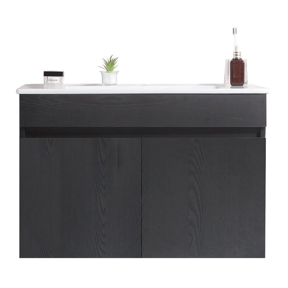 Yesfashion 30 Inch Wall Mounted Bathroom Vanity, Bathroom Cabinet with Ceramic Sink, Overflow, 2 Full-extension Doors, Waterproof Single Sink Bathroom Vanity Cabinet