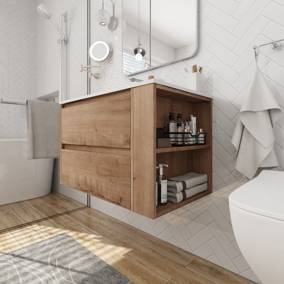 Yesfashion 30" Wall Mounted Bathroom Vanity with Gel Sink Side Shelf Waterproof Scratch-Resistant Bathroom Accessories for Small Space