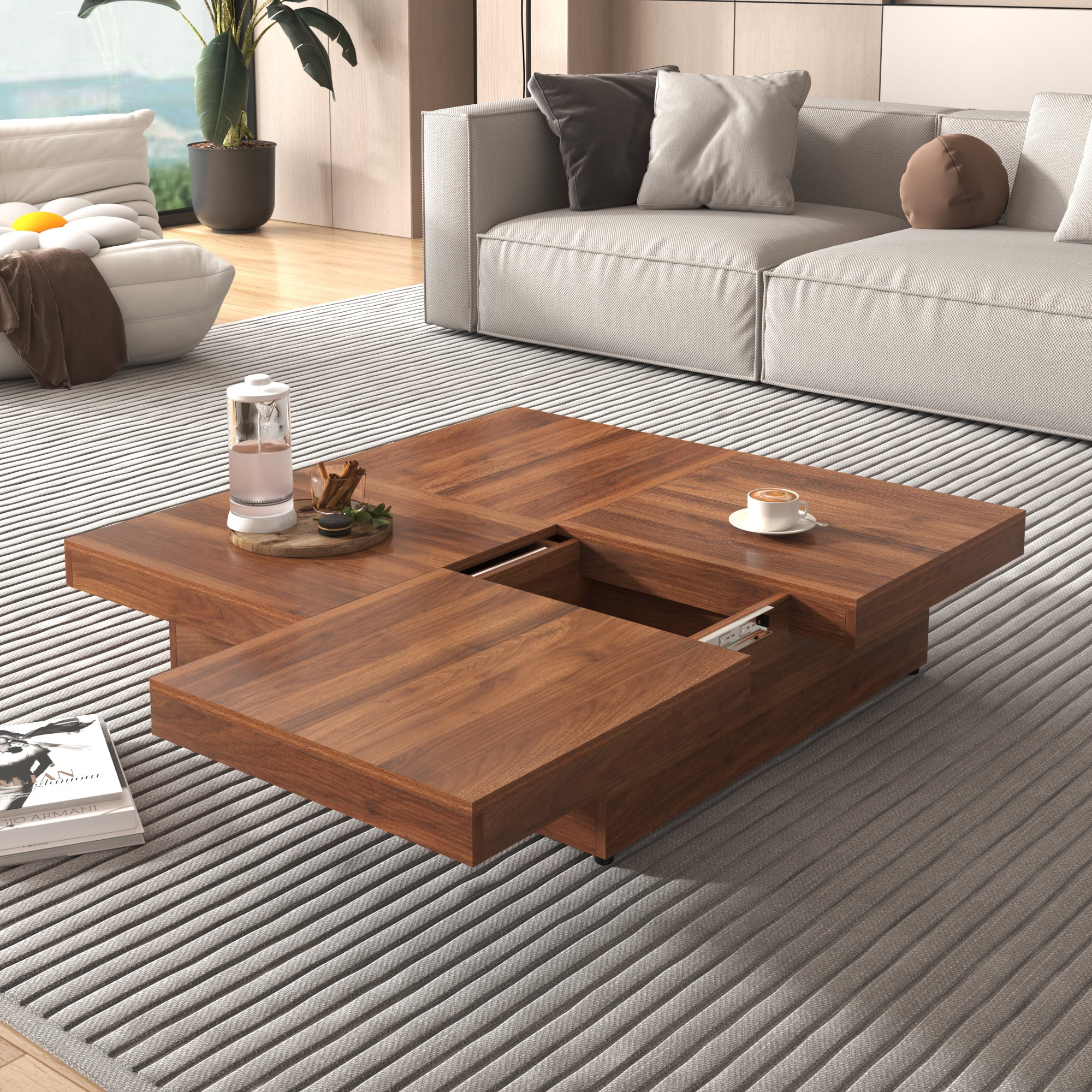 Walnut Square Sliding Top Coffee Table with Storage