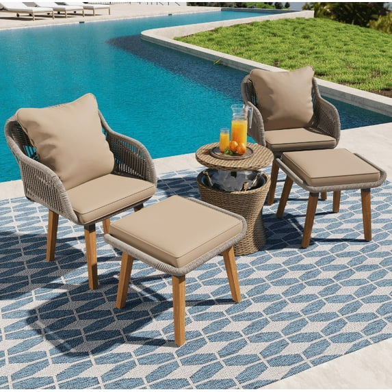 Yesfashion 5 Piece Outdoor Patio Furniture Set, Wicker Cool Bar Table with 2 Bistro Conversation Set with Single Chairs And Stools Bistro Conversation Set for Backyard Poolside