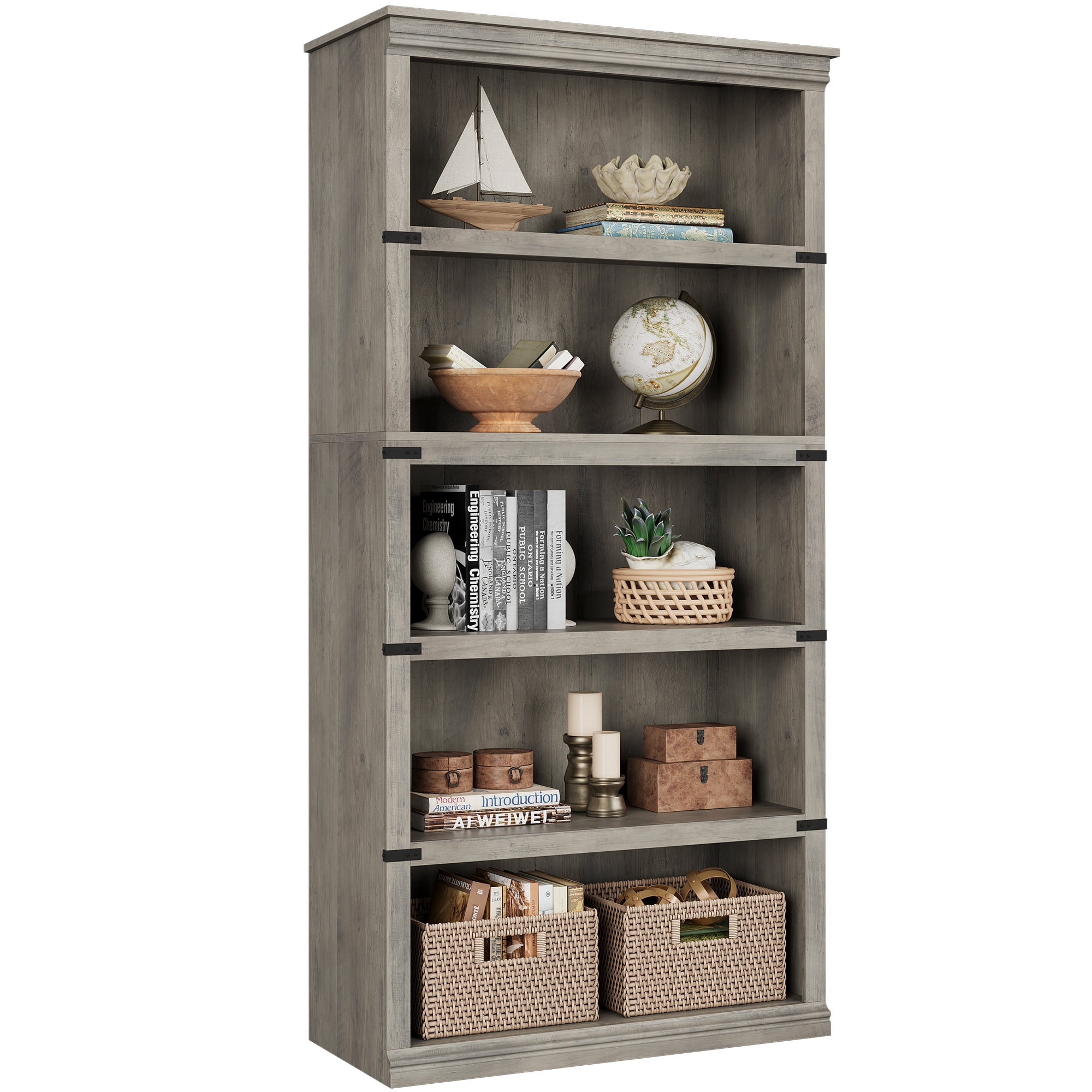 Gray MDF and Metal 67.4" Tall 5-Tier Bookcase