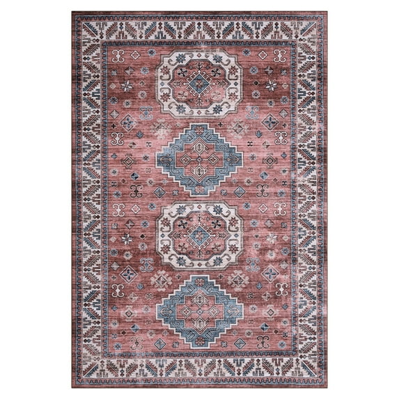 Yesfashion 5' x 7' Persian Vintage Rug Soft Indoor Distressed Floor Carpet Machine Washable Area Rug Stain-Resistant Non-Slip Mat Foldable Thin Rug, Pink