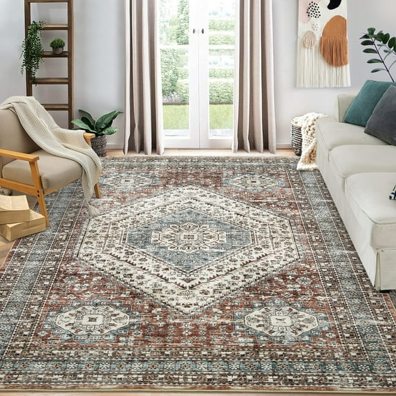 Yesfashion 5' x 7' Vintage Persian Rug Distressed Rug Indoor Soft Oriental Rug Geometric Floor Cover for Home Office, Brown