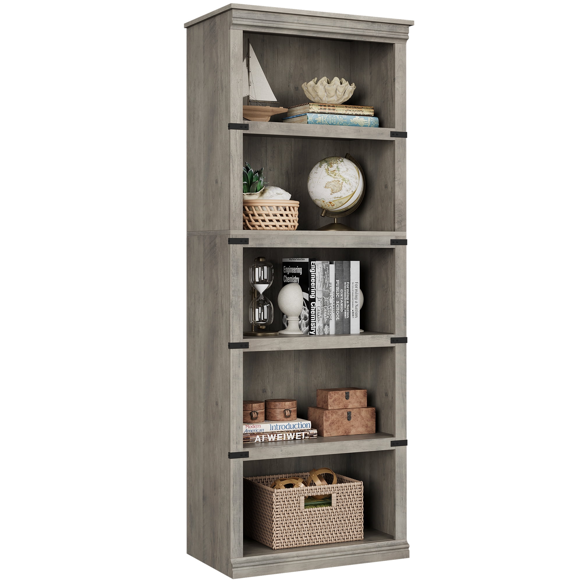 Gray MDF and Metal 67.4" Tall 5-Tier Bookcase