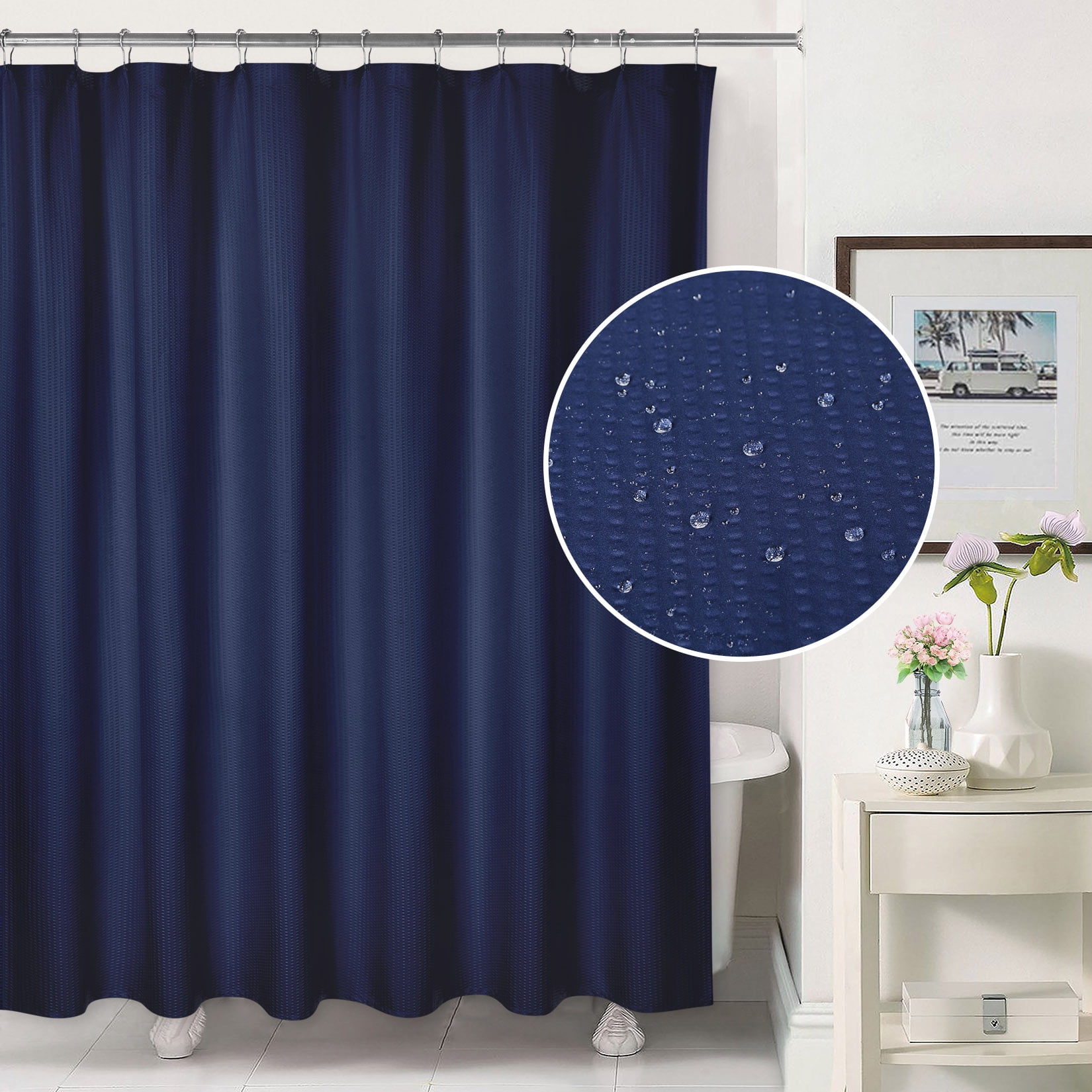 Yesfashion 72"W x 72"L Navy Blue Shower Curtain Farmhouse Water ...