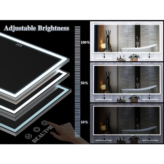 Yesfashion 72" x 32" LED Bathroom Mirror with Aluminum Frame Wall Mounted Touch Control 3 Colors Mode Dimmable Mirrors for Bathroom Bedroom Living Room