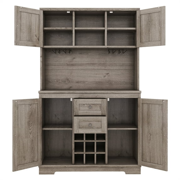 Yesfashion 74" Farmhouse Coffee Bar Cabinet With 9 Compartment Bottle Holder, 6 Hooks, 2 Storage Shelves, 2 Drawers, Rustic Coffee Bar Sideboard Table For Dining Room