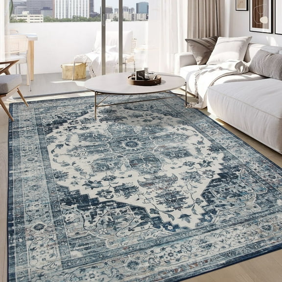 Yesfashion 8' x 10' Blue Area Rug Vintage Distressed Persian Area Rugs Print Carpet Floral Pattern Rug No-Slip Low Pile Rug Velvet Foldable Rug for Living Room Bedroom