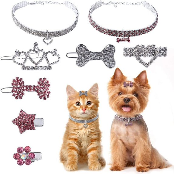Yesfashion 8Pcs Dog Hair Bows Puppy Accessories for Small Dogs Crystal Rhinestone Dog Necklace Collar Dog Hair Clips