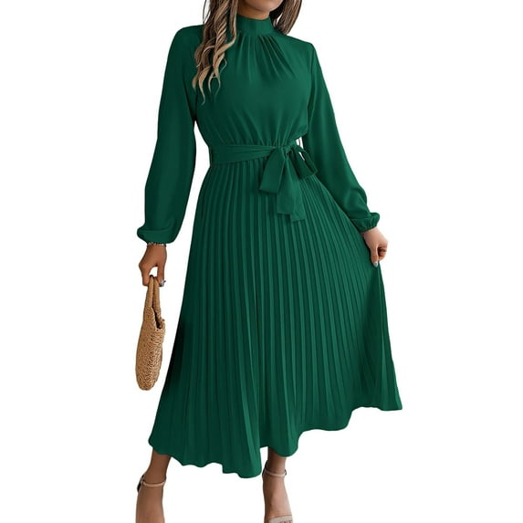 Yesfashion Autumn and Winter Elegant Women's Dress Stand Up Collar Long Sleeved Waist Cinched Long Skirt