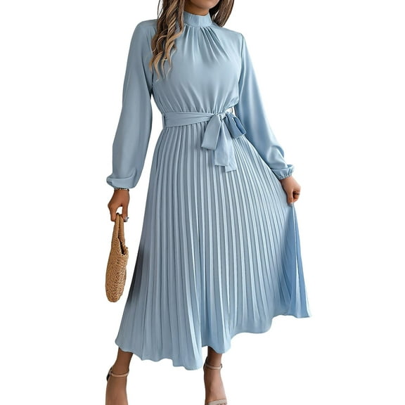 Yesfashion Autumn and Winter Elegant Women's Dress Stand Up Collar Long Sleeved Waist Cinched Long Skirt