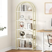 Yesfashion Bookshelf 5 Tier Bookcase Arched Display Racks, Tall Standing Storage Rack with Large Wood Book Shelf and Metal Frame