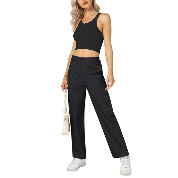 Yesfashion Cargo Pants Women Baggy Casual High Waisted Straight Leg Pants Loose Trousers with Pockets
