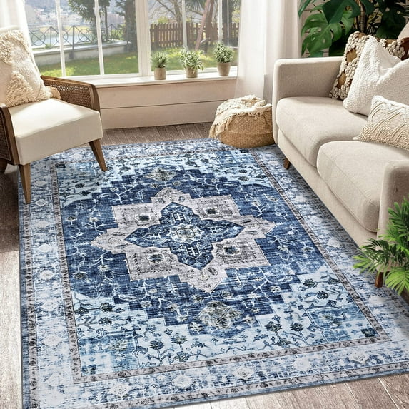 Yesfashion Carpets Area Rugs Washable 10'*13' Area Rug Vintage Persian Medallion Area Rug Boho Distressed Rug Non-Slip Low Pile Capet Rugs Bedroom,Blue blue 10*13ft