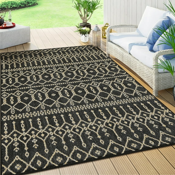 Yesfashion Carpets Area Rugs Washable 100% Polypropylene Turkish Outdoor Flat Weave Carpet Terrace-Morocco-Bekaa TRC3003 Black 4'*5'3"