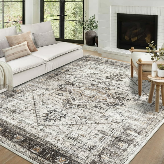 Yesfashion Carpets Area Rugs Washable 1150Gsm Velvet Pearl Velvet Washed Back Folded Printed Rug-Persian-Homage Camel tone 5*7ft