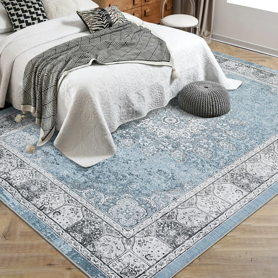 Yesfashion Carpets Area Rugs Washable 1150Gsm Velvet Pearl Velvet Washed Back Folding Printed Carpet Persian-Full Gray blue tone 8*10ft