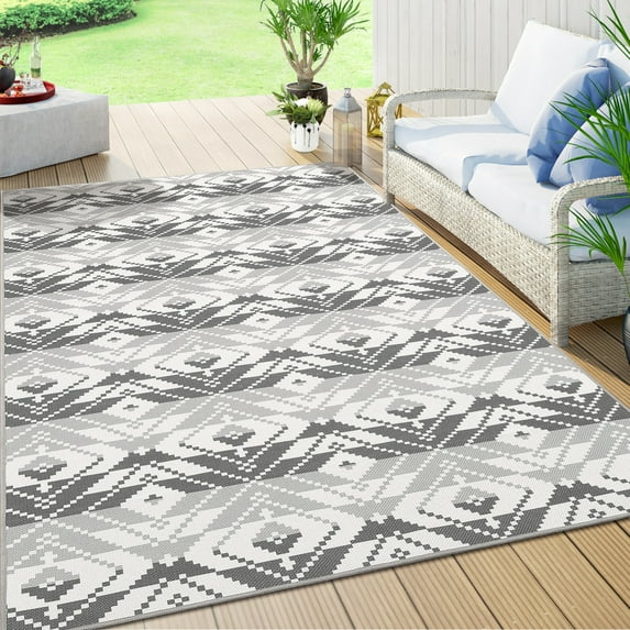 Yesfashion Carpets Area Rugs Washable 1400Gsm Honeycomb Washed Back Print Folding Outdoor Rug-Modern-Diamond Staggered Black and White 8*10ftA