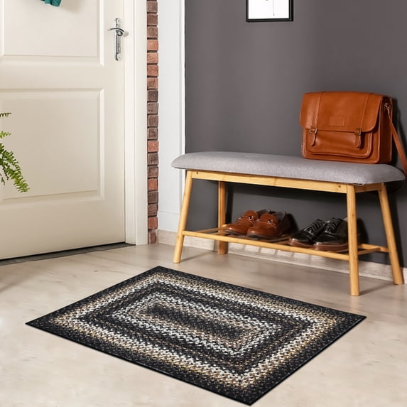Yesfashion Carpets Area Rugs Washable 2*3 Small Entryway Rug Braided Printed Doormat Boho Door Mat Farmhouse Rustic Geometric Rug for Laundry Kitchen,Black black 2*3ft A