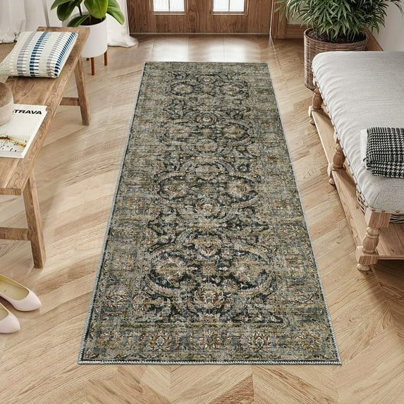 Yesfashion Carpets Area Rugs Washable 2'*6' Runner Rug Vintage Hallway Kitchen Runner Rug Floral Distressed Rug Non-Slip Bedsides Runner Rugs 2*6ft