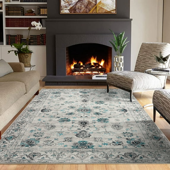 Yesfashion 3'*5'Vintage Floral Print Rug Traditional Distressed Carpet Indoor Machine Washable Rug Foldable Thin Floor Mat for Dining Room, Beige/Gray