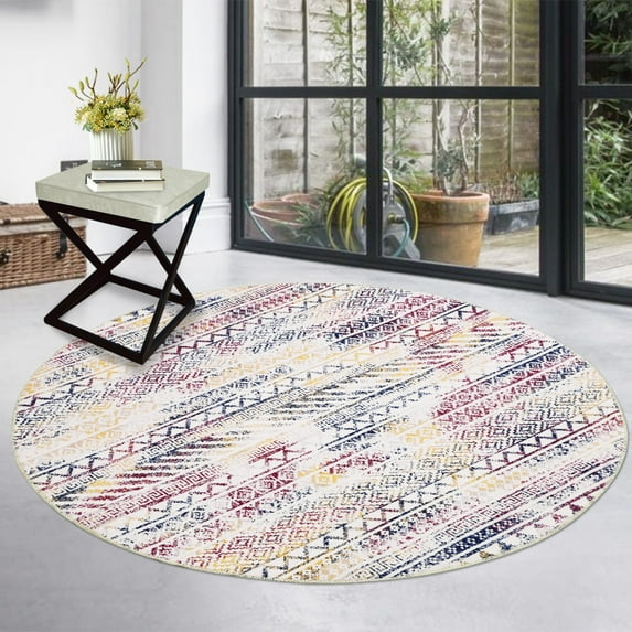 Yesfashion Carpets Area Rugs Washable 4'*4' Geometric Boho Round Rug Farmhouse Moroccan Indoor Low Pile Non-Shed Area Rug Machine Circle Rug Home Decor,Multi Color 4*4ft